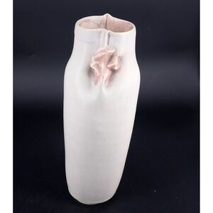 Artist Signed Pottery Vase Lt Green with Crimped Sides With Maroon Tint Signed